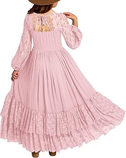 MITILLY Girls Boho Lace Flower Ruffle Maxi Dress